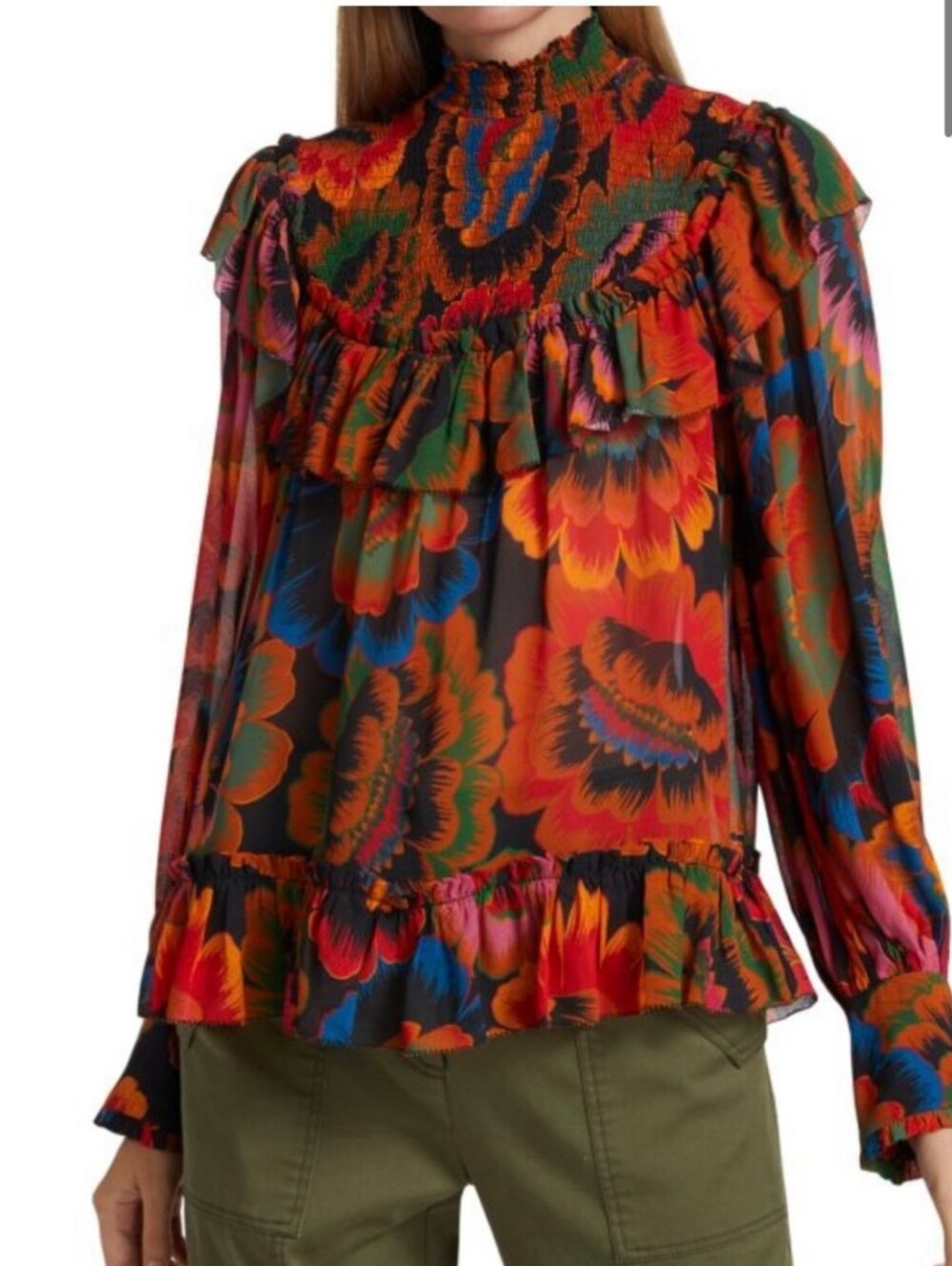 FARM Rio Vibrant Tropical Floral Smocked Ruffle Mock Neck Blouse XS